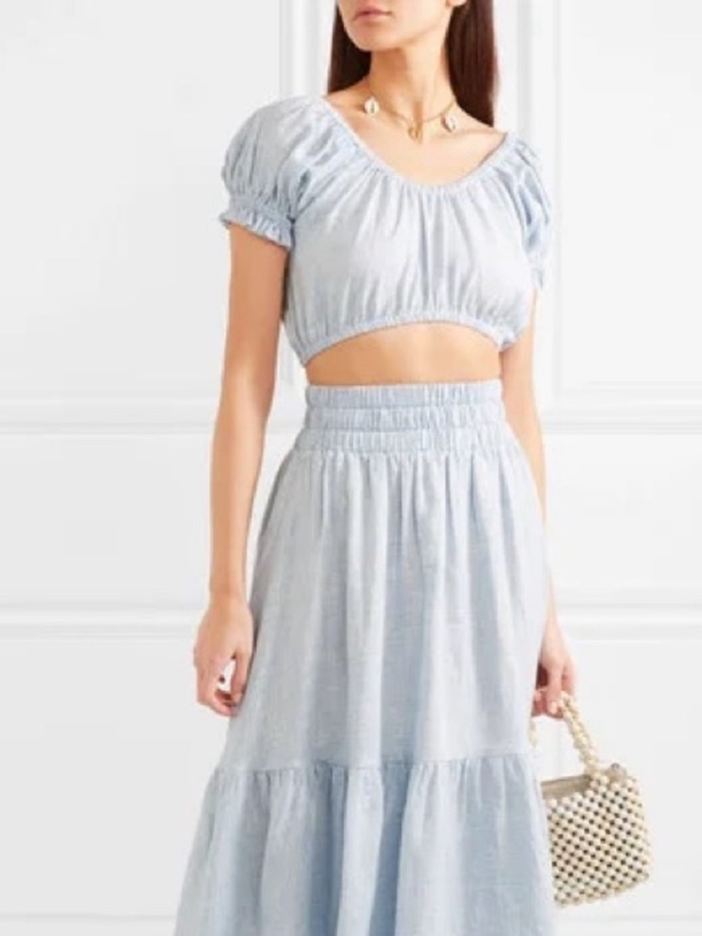 Mara Hoffman Swim Lulu Cropped Short Sleeve Top Blue White Striped NWT Size XS